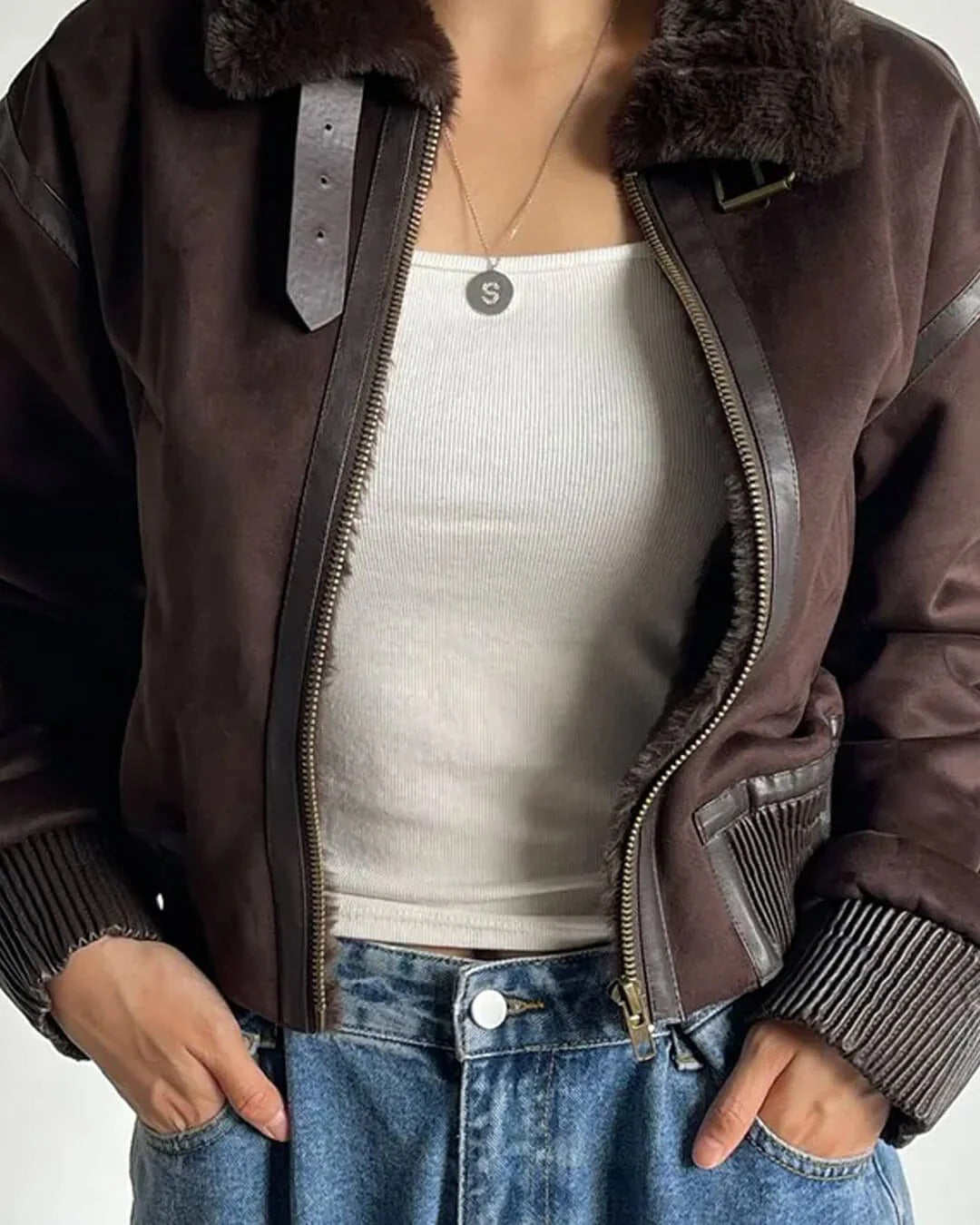 Cropped Faux Shearling Aviator Jacket for Women