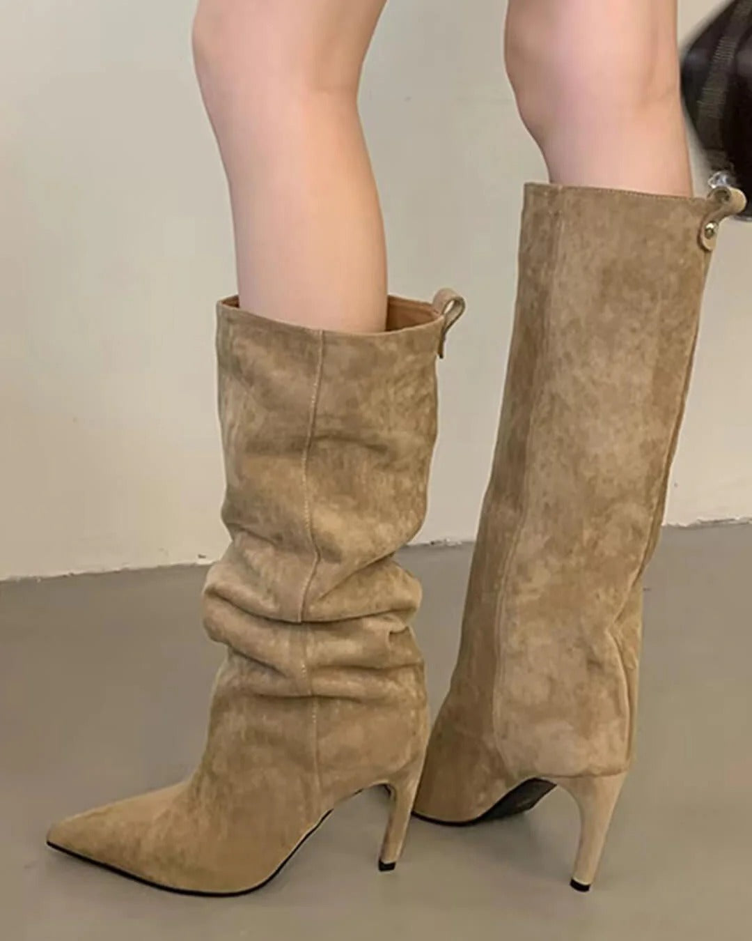 Suede Pointed Toe High Heel Slouch Boots for Women