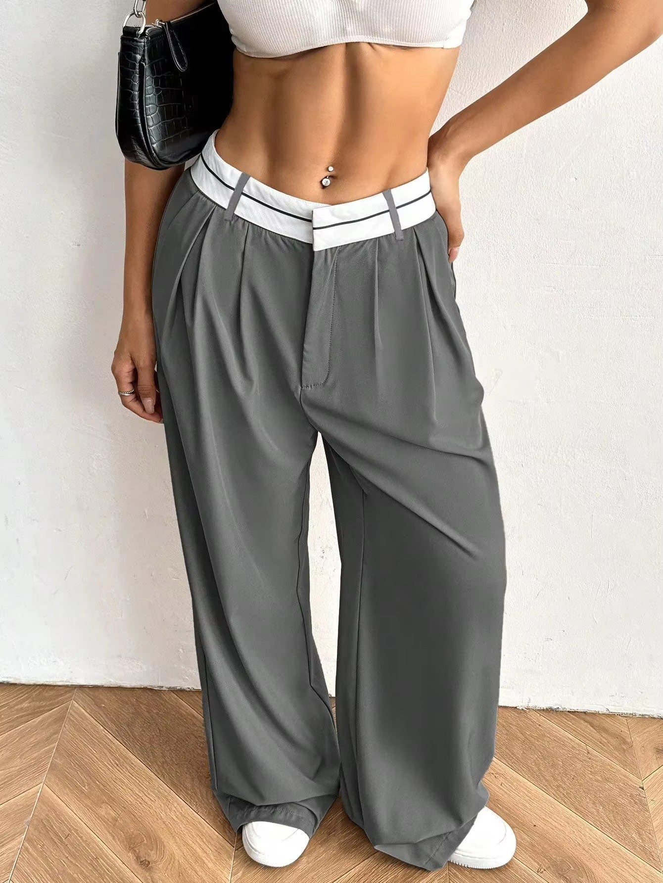 Wide Leg Trousers with Contrast Waistband for Women