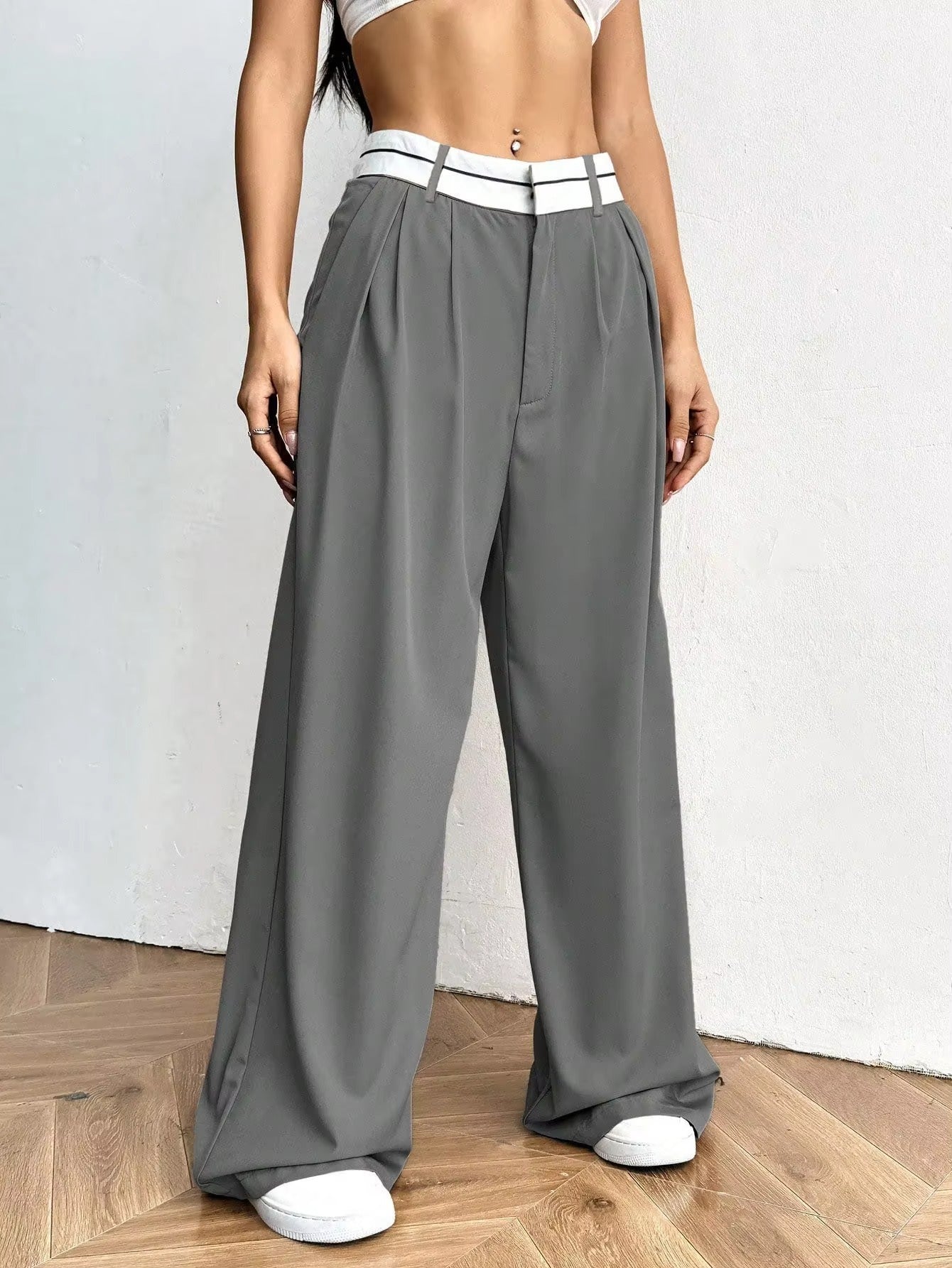 Wide Leg Trousers with Contrast Waistband for Women