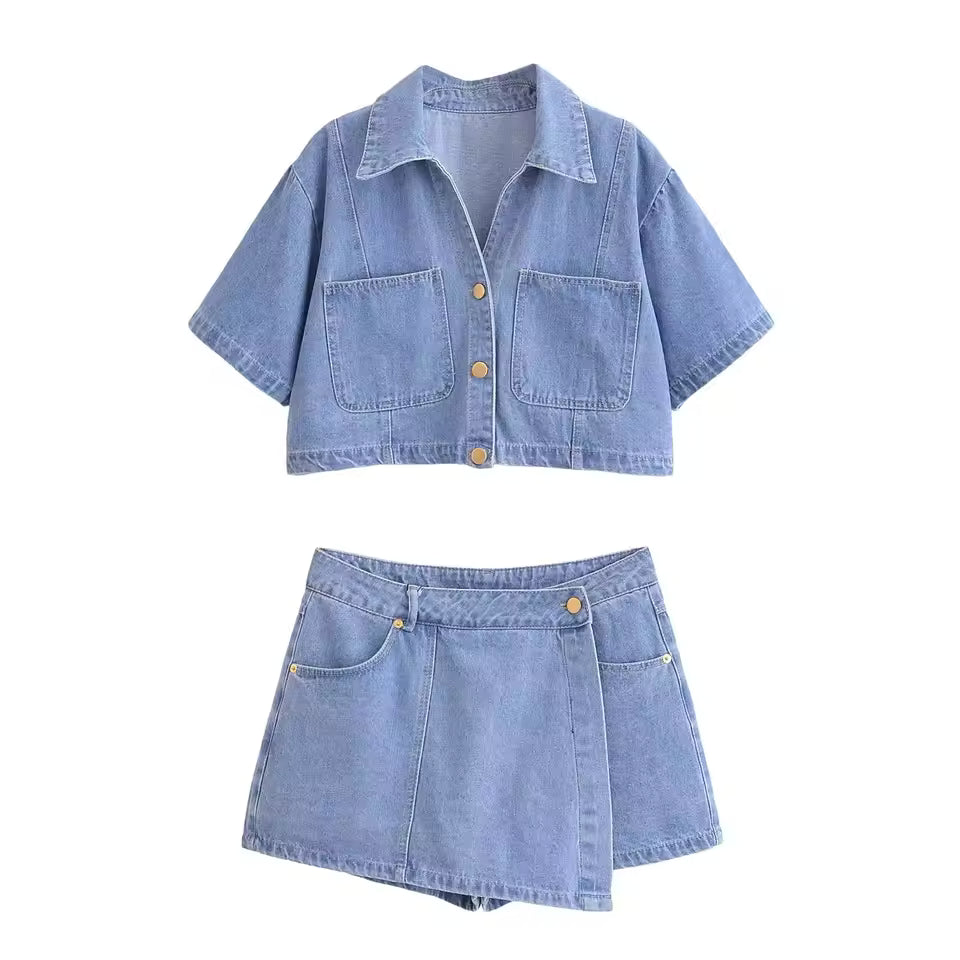 Denim Set with Loose Fit Crop Top and Mini Skort for Women