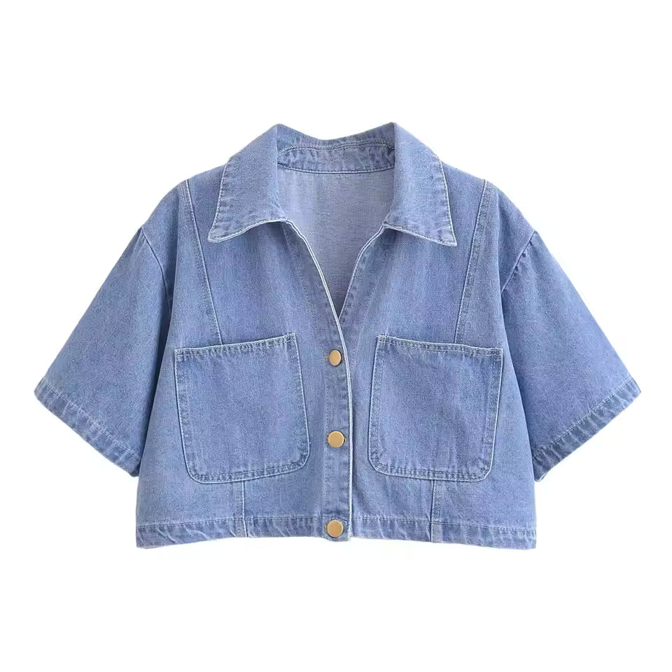 Denim Set with Loose Fit Crop Top and Mini Skort for Women