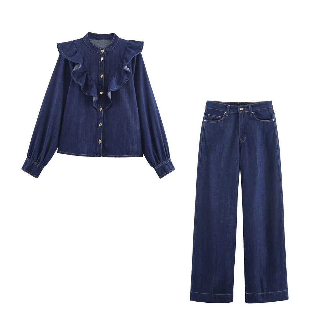 Denim Set with Ruffle Shirt and Wide Leg Jeans for Women