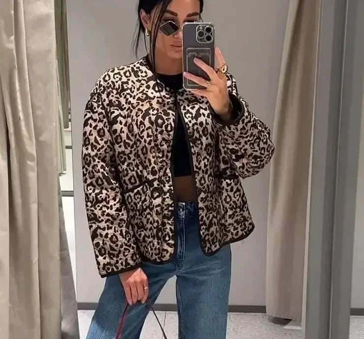 Leopard Print Quilted Padded Jacket for Women