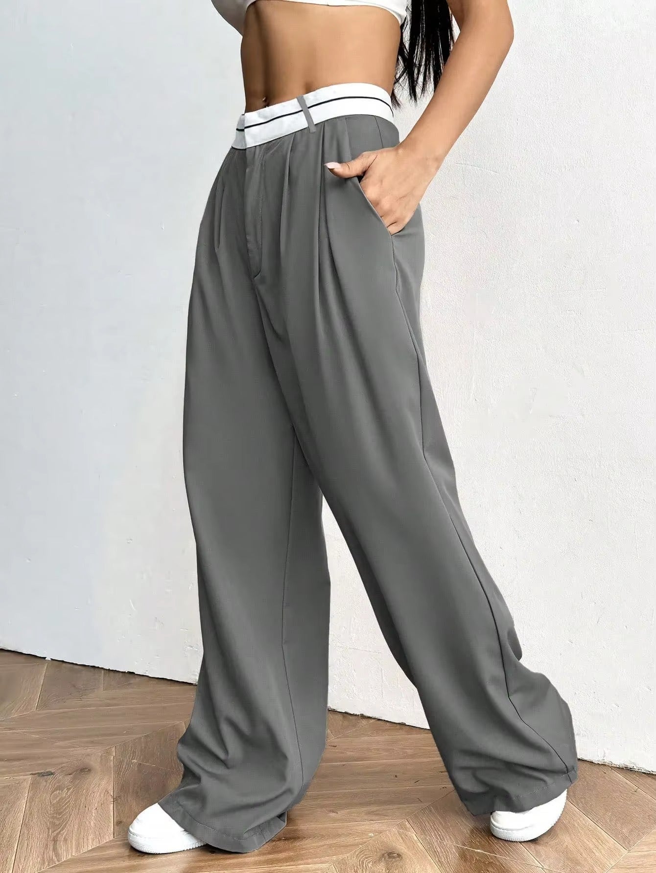 Wide Leg Trousers with Contrast Waistband for Women