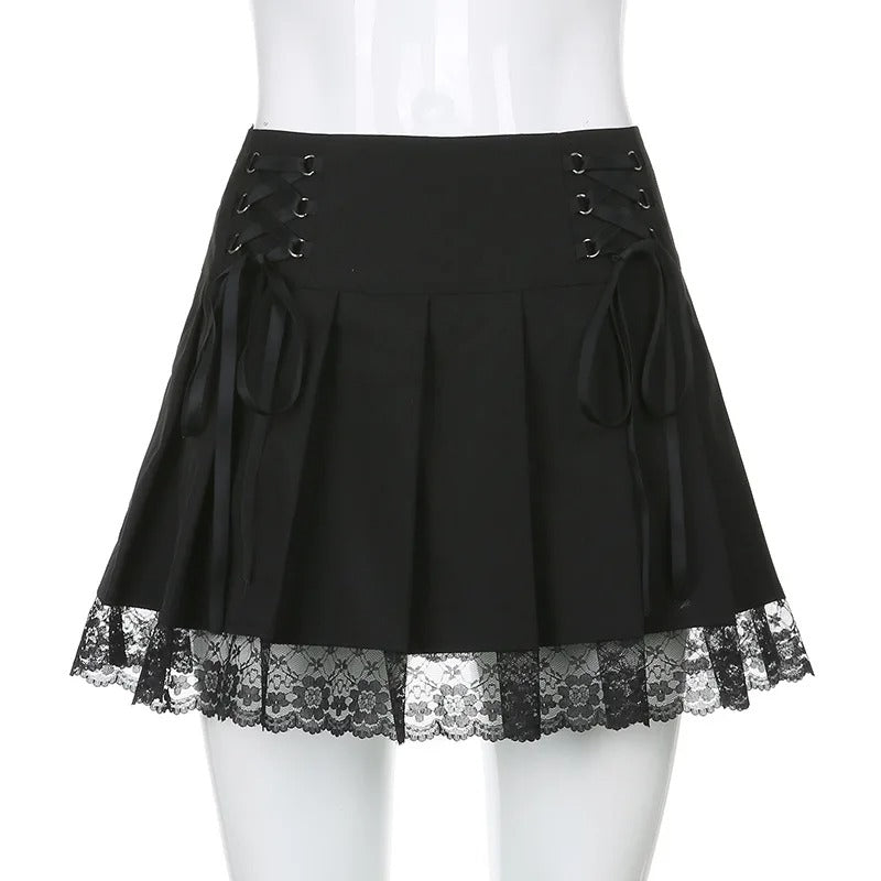High Waist Lace Trim Pleated Mini Skirt for Women