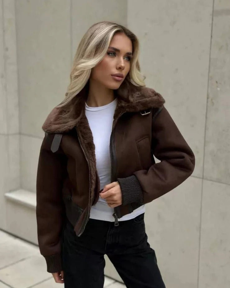 Cropped Faux Shearling Aviator Jacket for Women