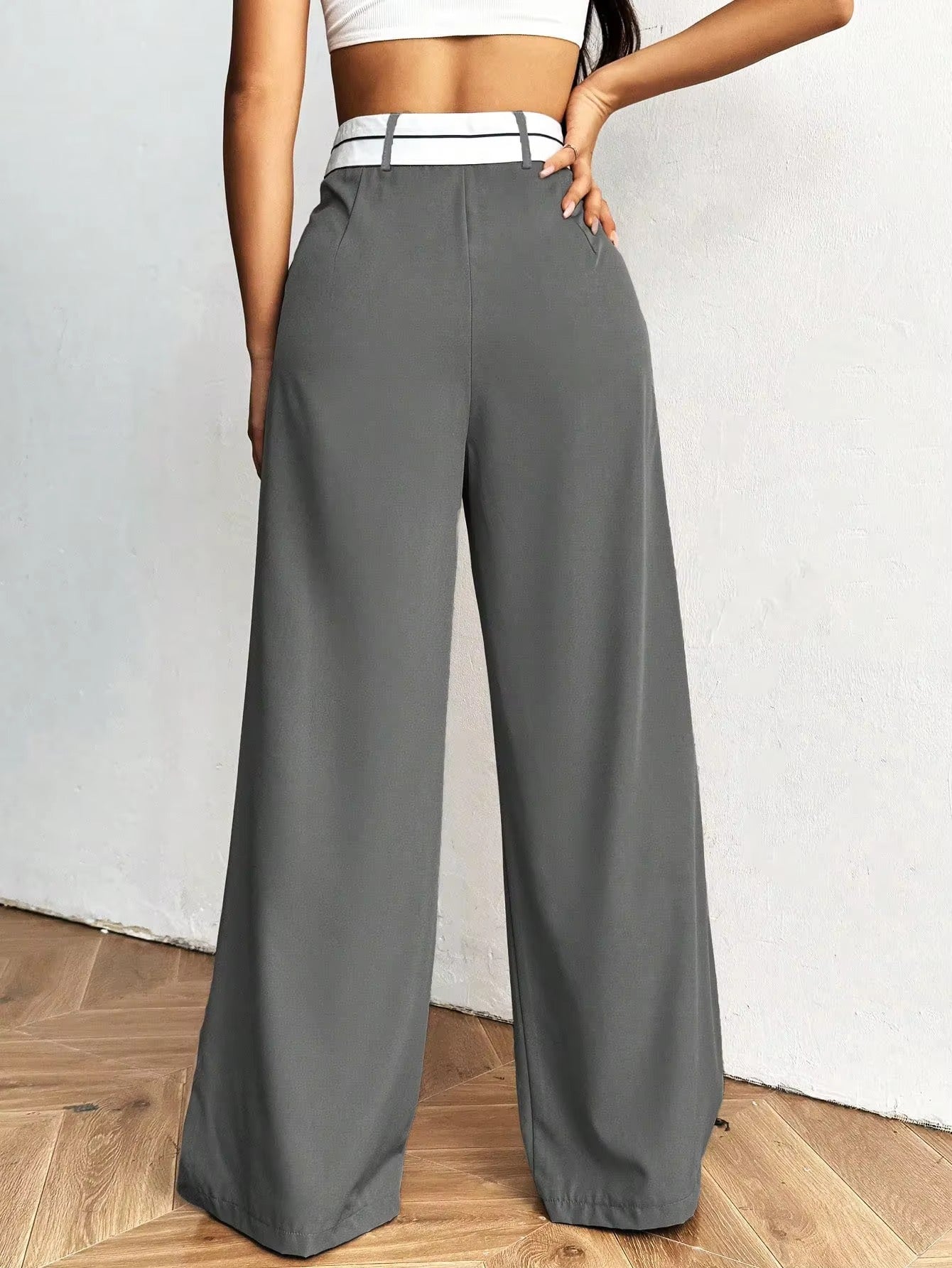 Wide Leg Trousers with Contrast Waistband for Women