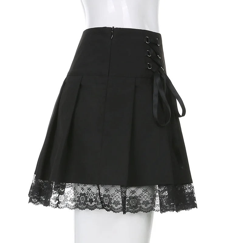 High Waist Lace Trim Pleated Mini Skirt for Women