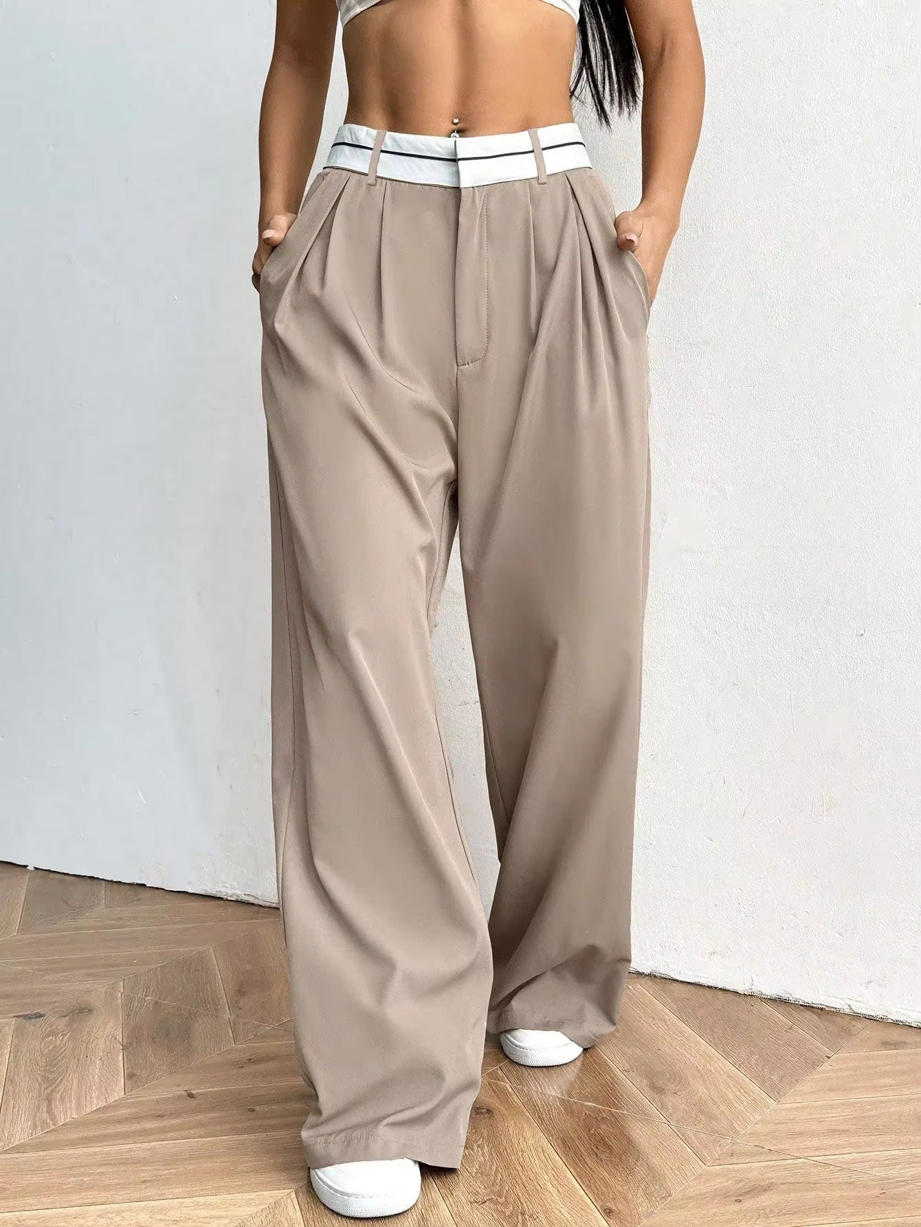 Wide Leg Trousers with Contrast Waistband for Women