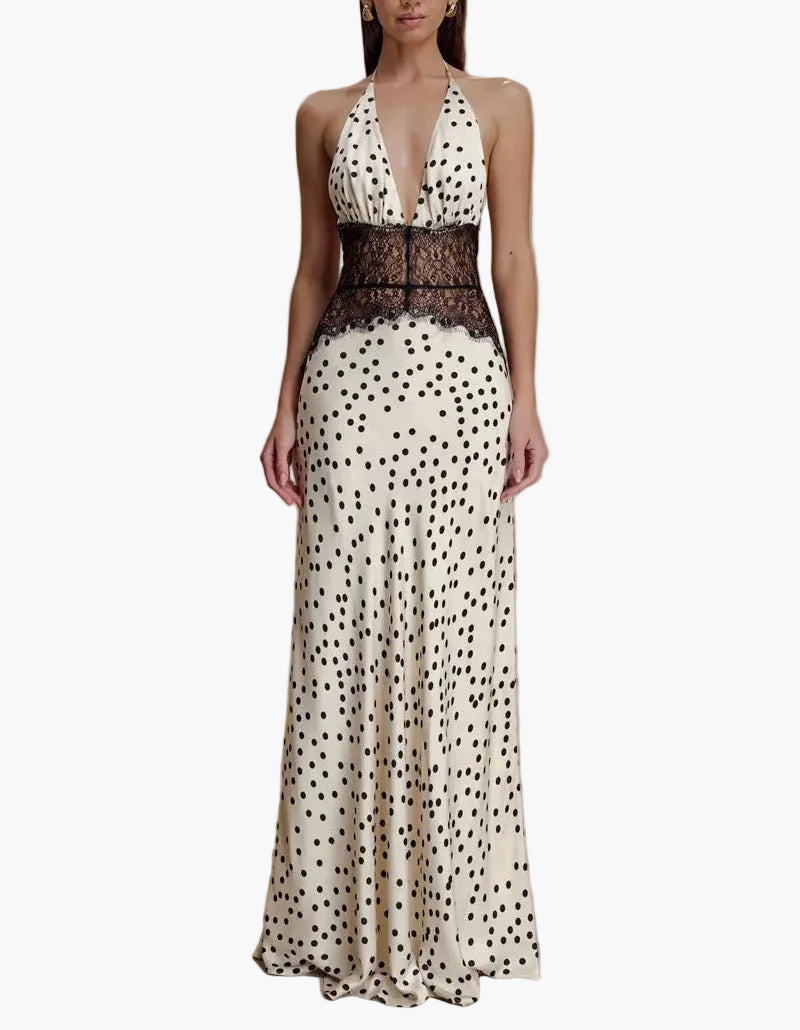 Halter Neck Polka Dot Maxi Dress with Lace Detail for Women