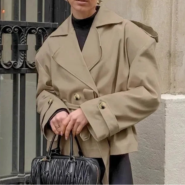 Short Double Breasted Tie-Waist Trench Jacket for Women