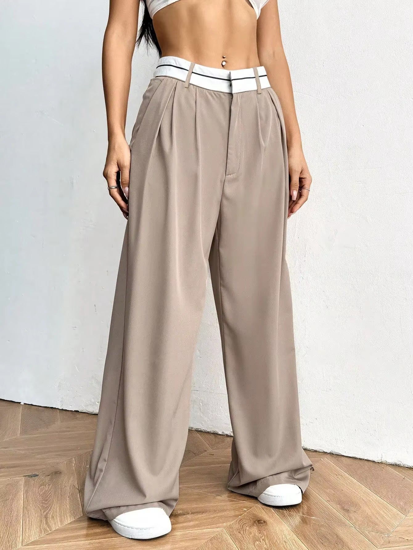 Wide Leg Trousers with Contrast Waistband for Women
