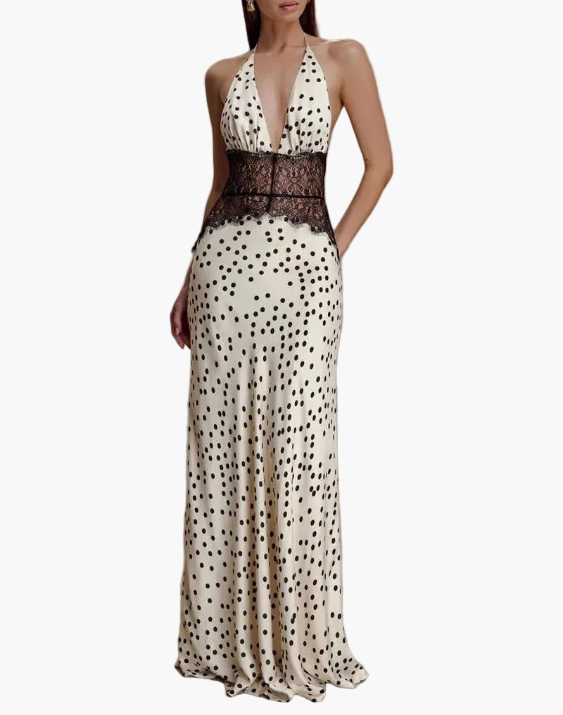 Halter Neck Polka Dot Maxi Dress with Lace Detail for Women