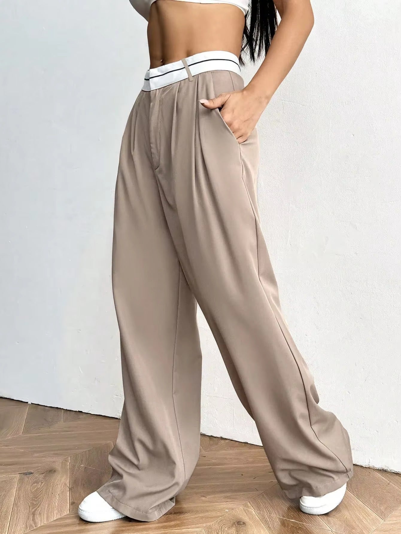 Wide Leg Trousers with Contrast Waistband for Women