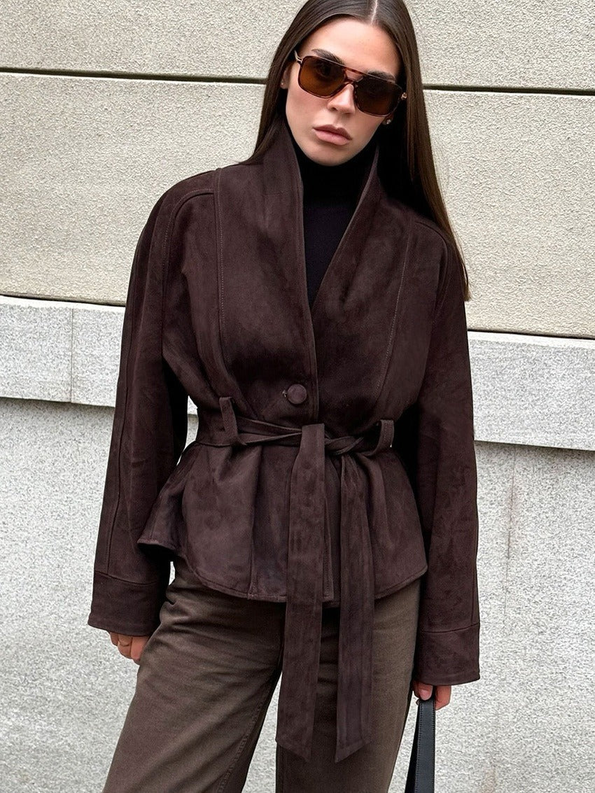 Oversized Faux Suede Belted Short Coat for Women