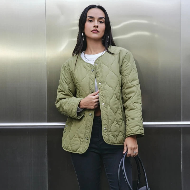 Collarless Quilted Jacket with Side Pockets for Women
