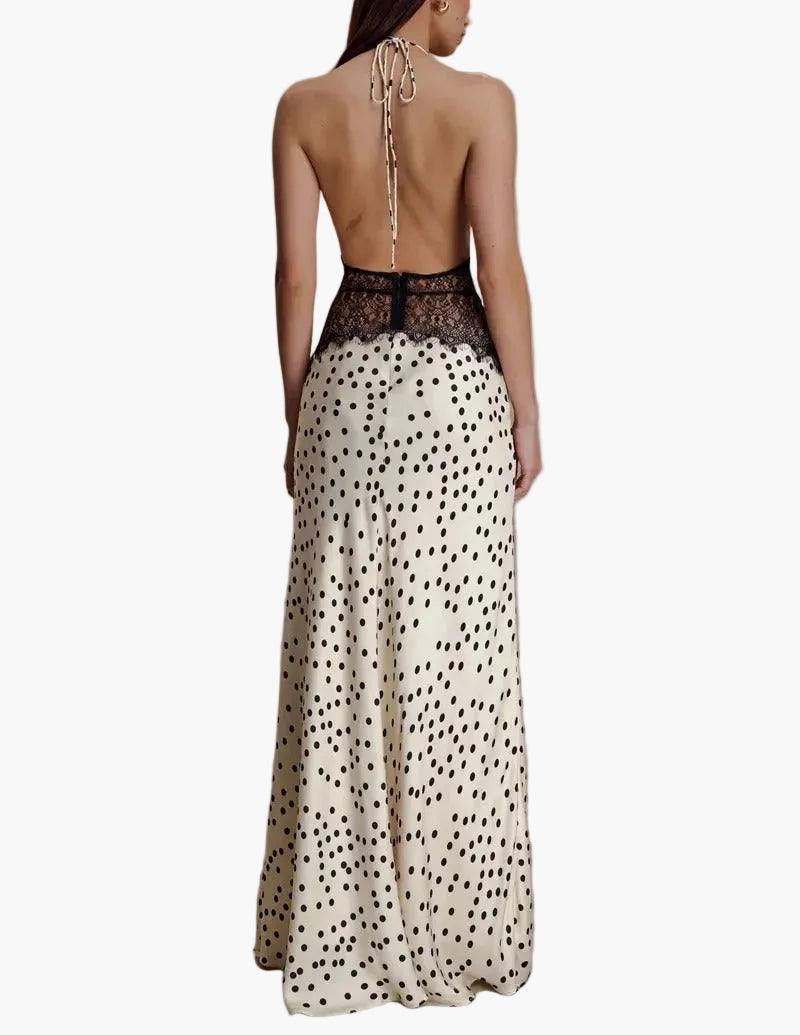 Halter Neck Polka Dot Maxi Dress with Lace Detail for Women