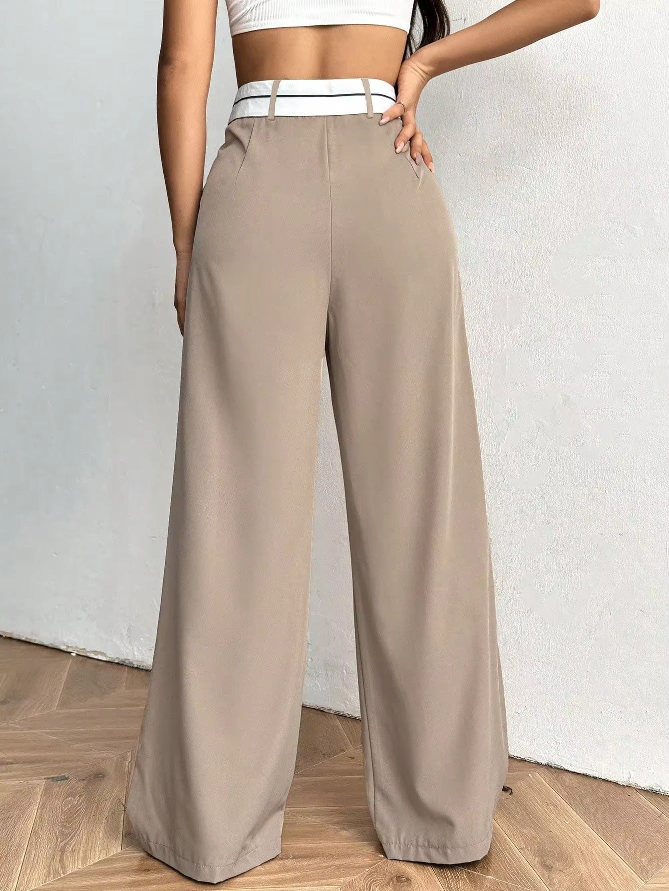 Wide Leg Trousers with Contrast Waistband for Women