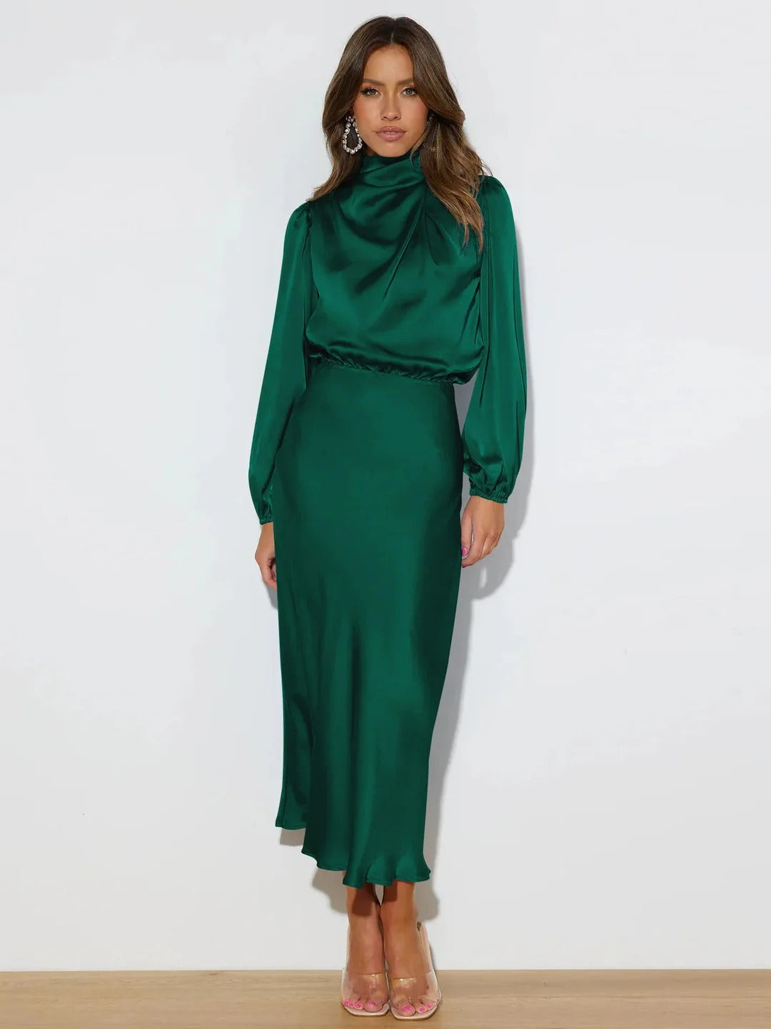 Satin Draped High Neck Long Sleeve Midi Dress for Women