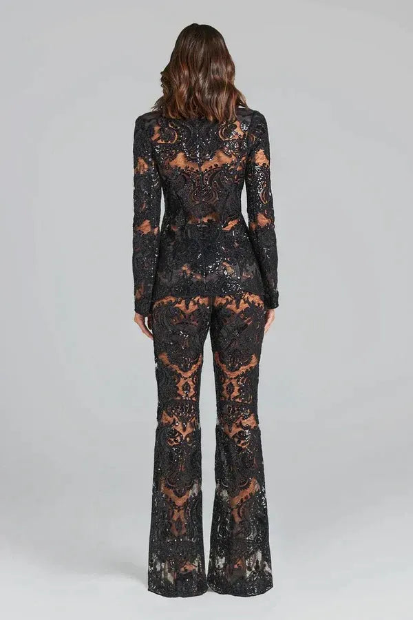 Sequin Lace Set with Blazer and Flared Trouser for Women
