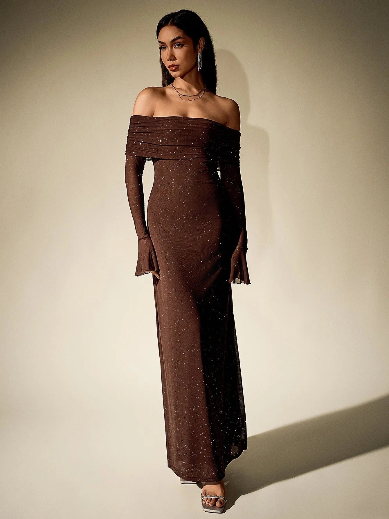 Off Shoulder Glitter Maxi Dress for Women