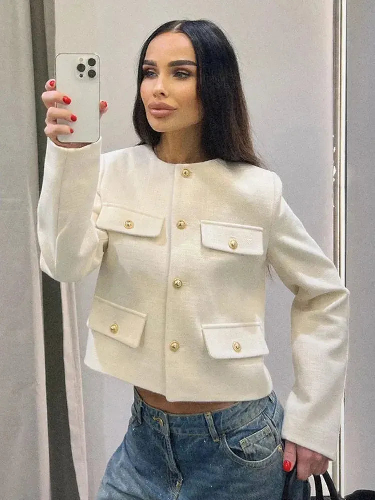 Cropped Textured Button-Up Jacket for Women