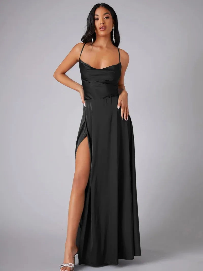 Satin Cowl Neck Backless Slit Maxi Dress for Women