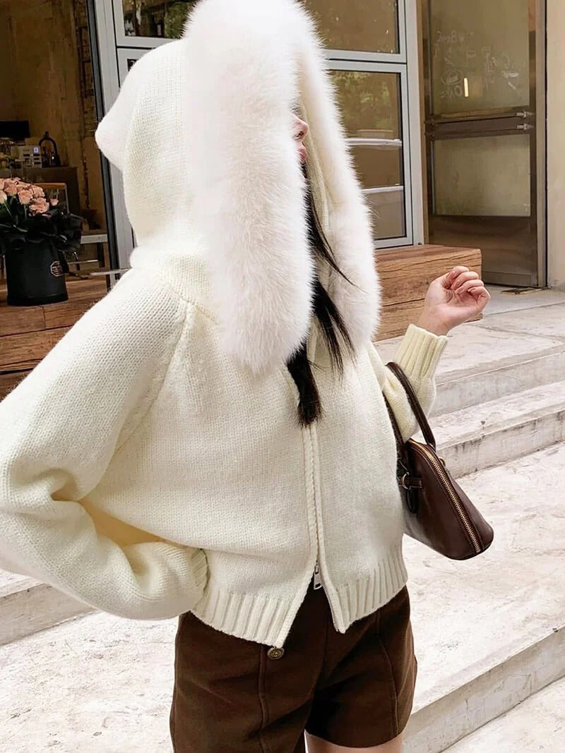Knitted Zip Up Cardigan with Faux Fur Hood for Women