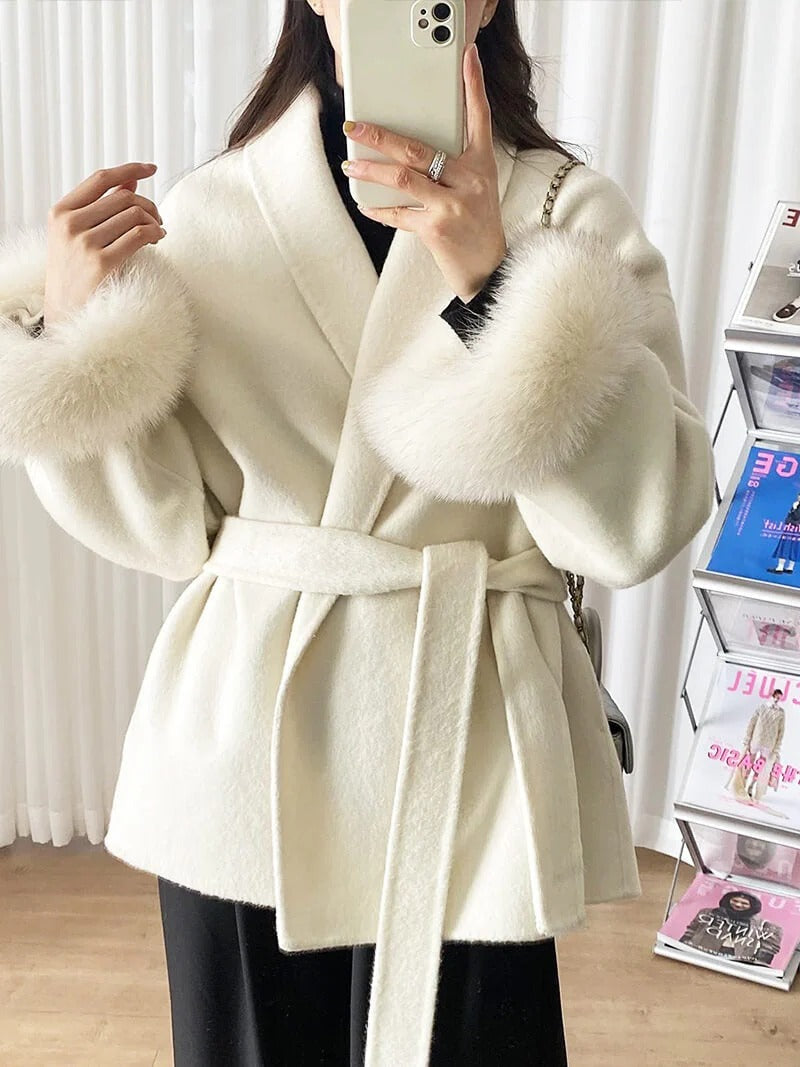 Belted Wrap Coat with Faux Fur Cuffs for Women