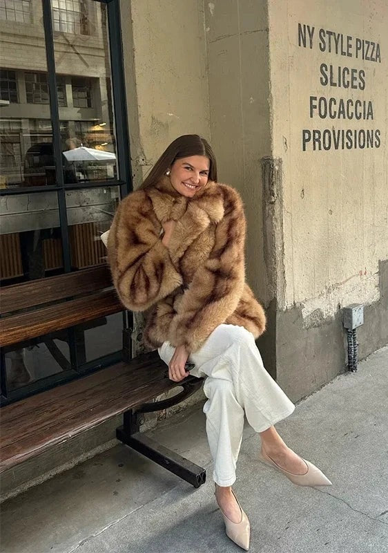 Faux Fur Coat with Wide Lapel Collar for Women