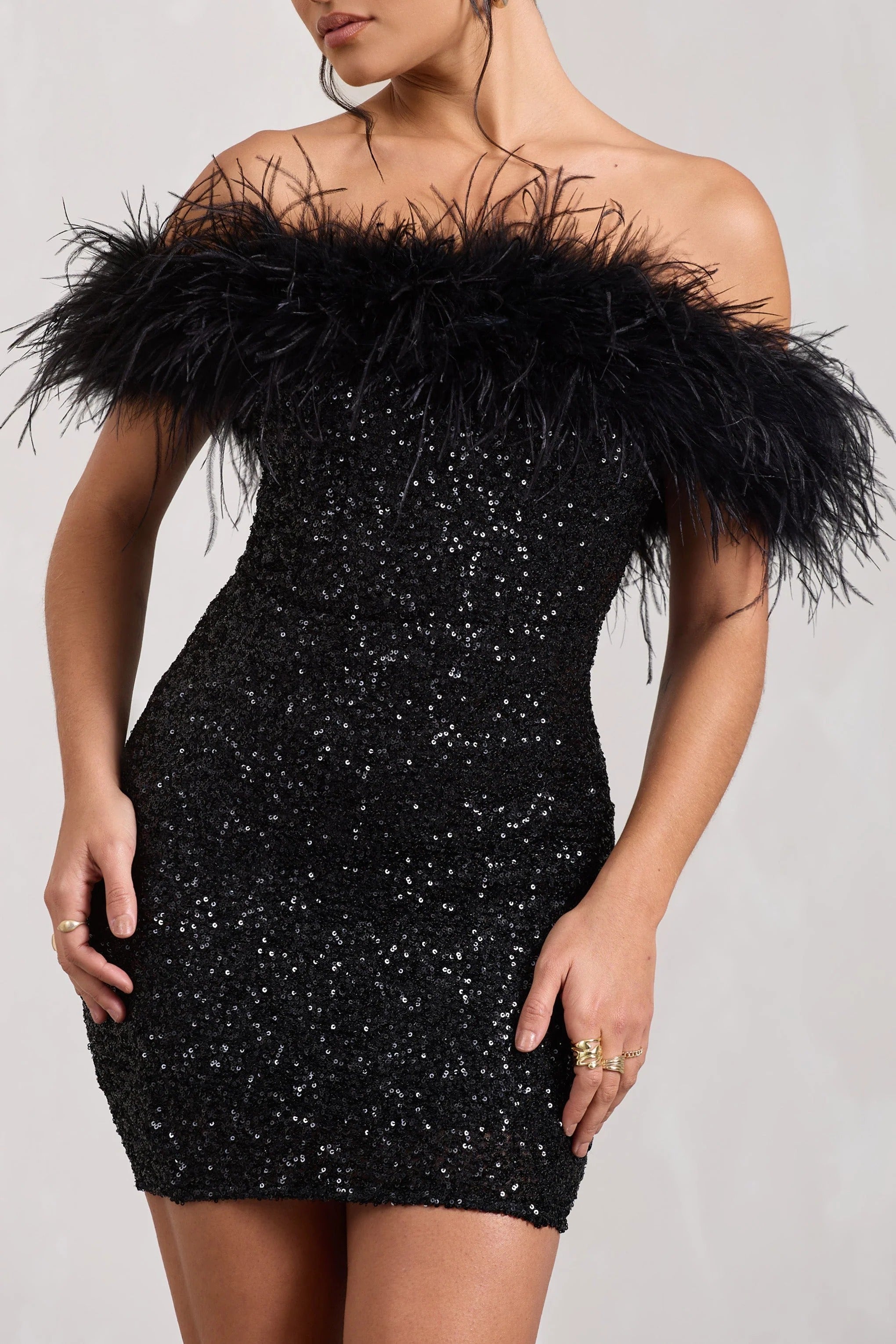 Feather Trim Off Shoulder Sequin Bodycon Mini Dress for Women