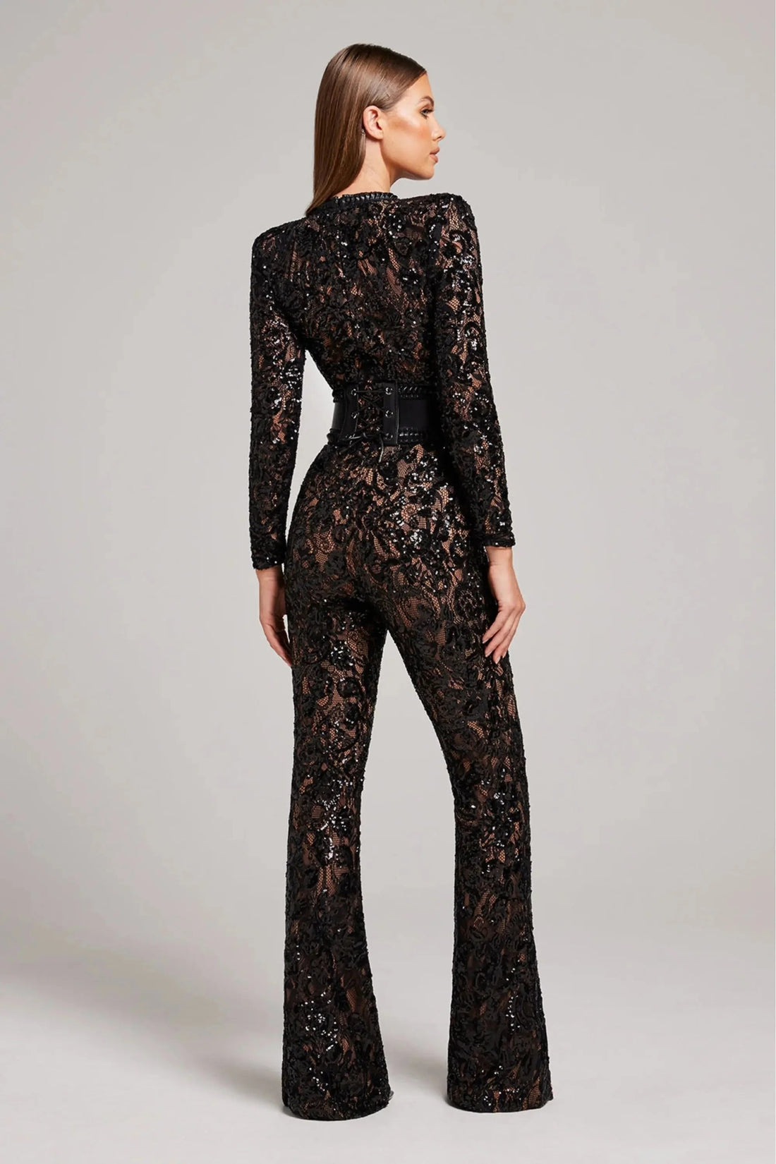 Sequin Lace Long Sleeve Round Neck Flared Jumpsuit for Women