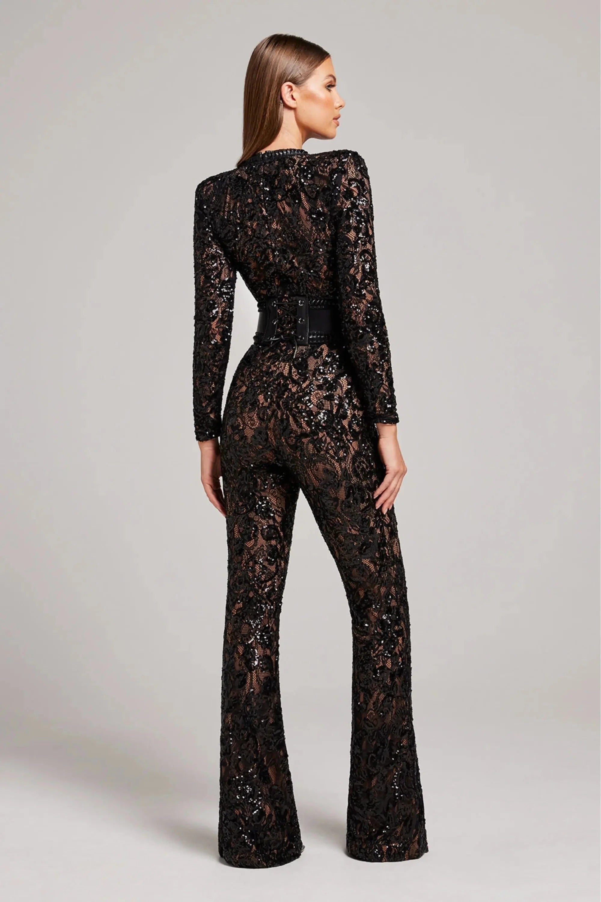 Sequin Lace Long Sleeve Round Neck Flared Jumpsuit for Women