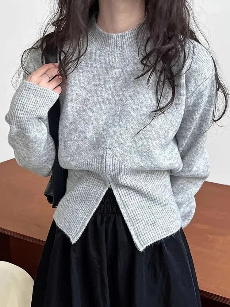 Front Zip Ribbed Knit Mock Neck Sweater for Women