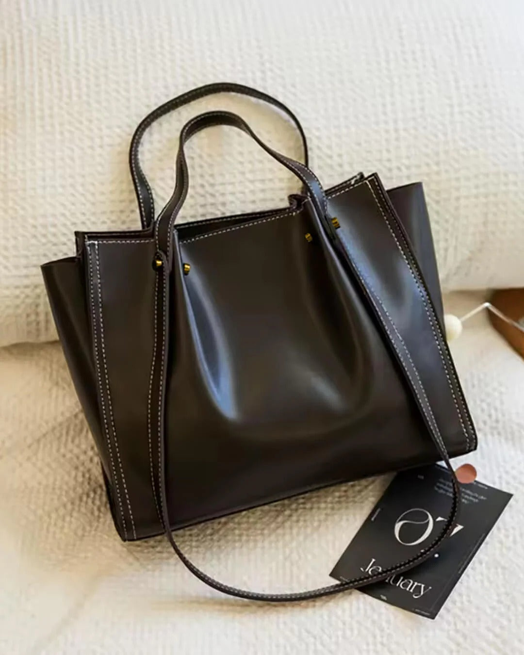 Faux Leather Contrast Stitch Tote Bag for Women