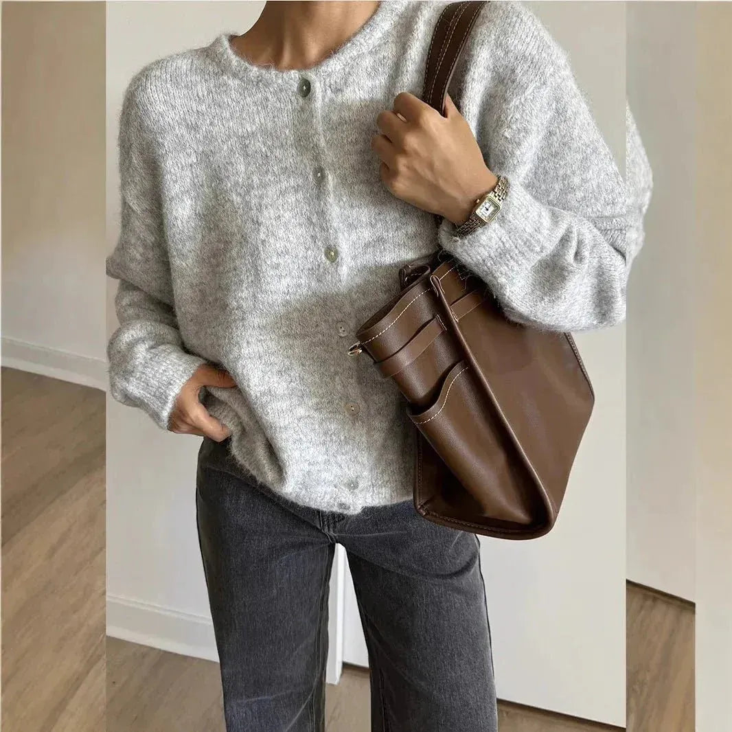 Round Neck Single Breasted Mohair Cardigan for Women
