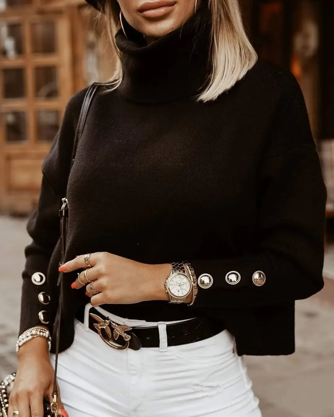 Women's Turtleneck Jumper with Button Cuffs