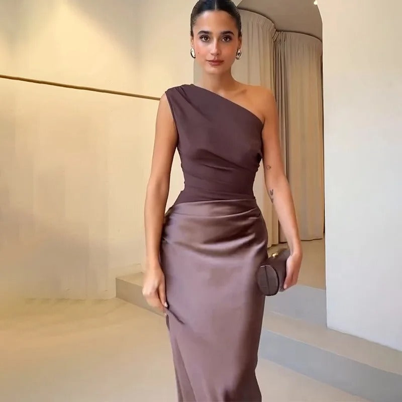 One Shoulder Satin Maxi Dress for Women