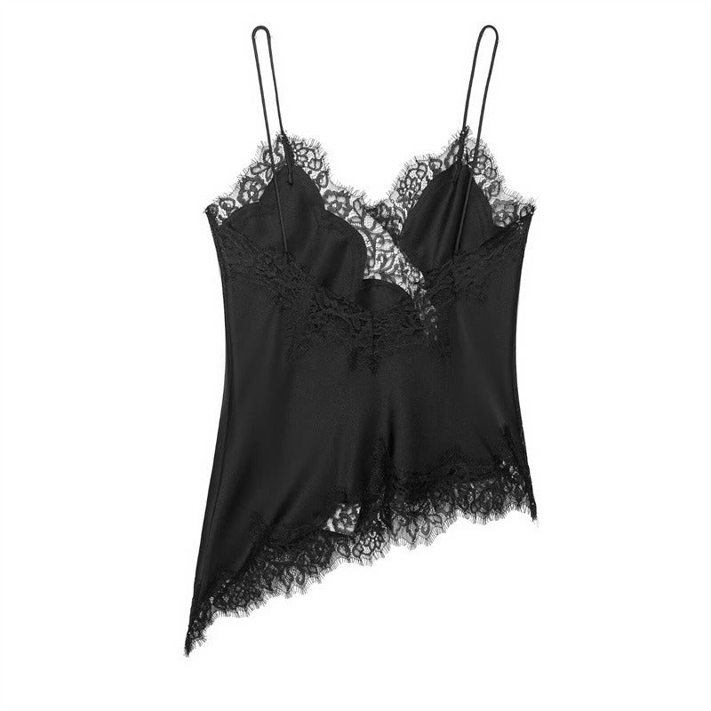 Asymmetric Lace Trim Silk Cami Top for Women