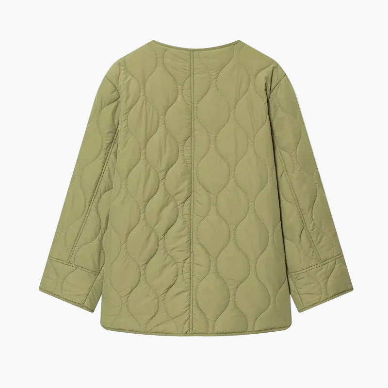 Collarless Quilted Jacket with Side Pockets for Women