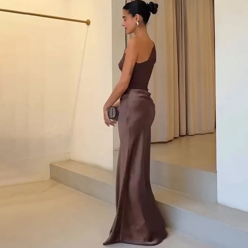 One Shoulder Satin Maxi Dress for Women