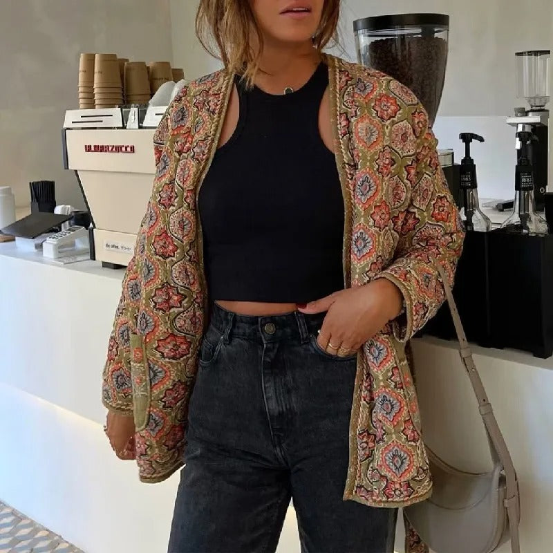 Floral Print Quilted Jacket with Waist Tie for Women