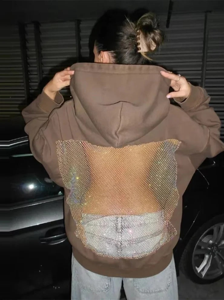 Oversized Mesh Back Net Panel Detail Hoodie for Women