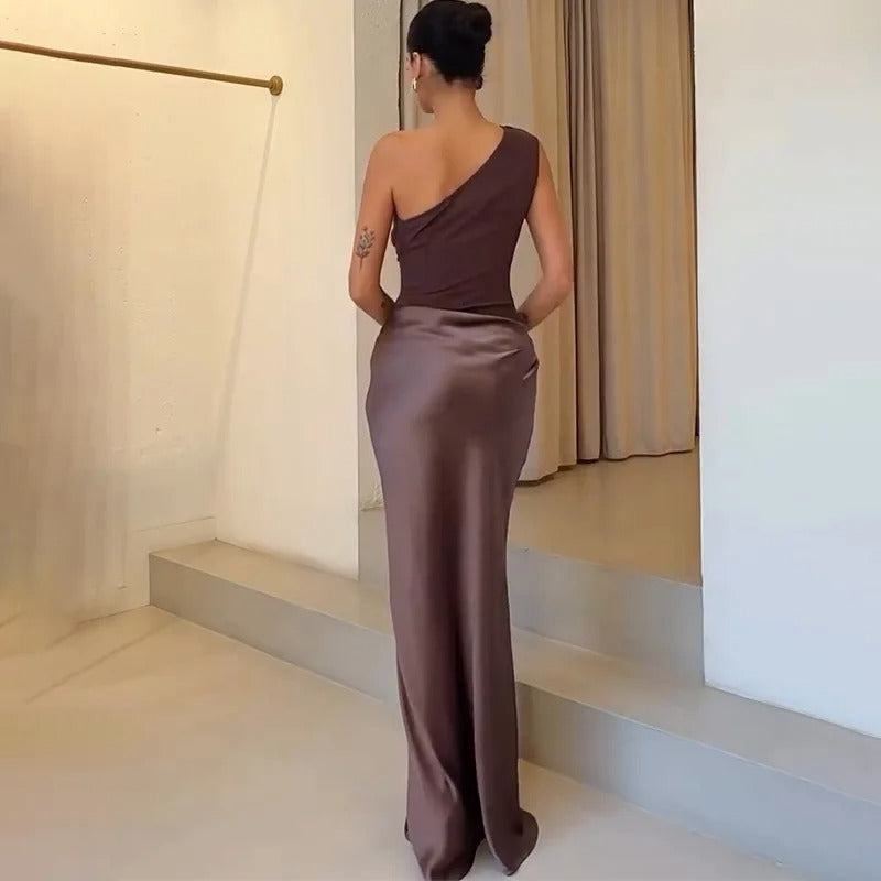 One Shoulder Satin Maxi Dress for Women