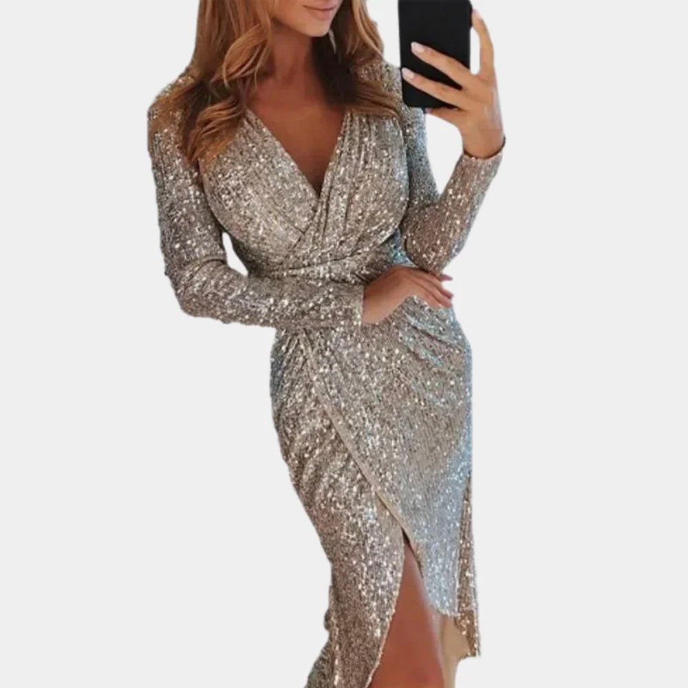 Sequin V-Neck Long Sleeve Ruched Wrap Midi Dress for Women