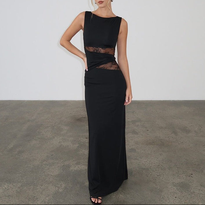 Lace Waist Sleeveless Maxi Dress with Boat Neck for Women