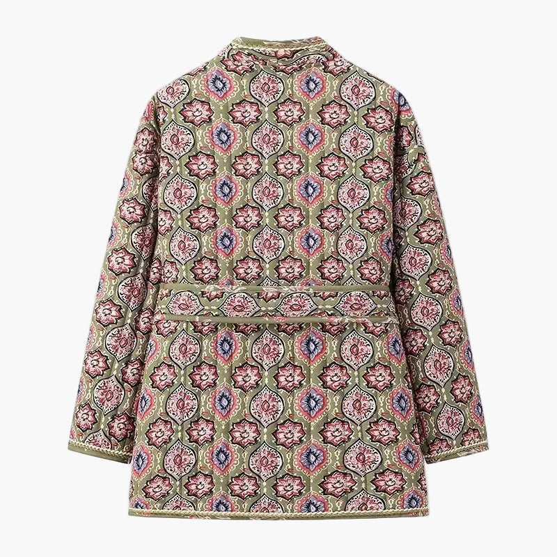 Floral Print Quilted Jacket with Waist Tie for Women
