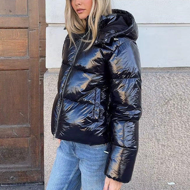 Glossy Hooded Puffer Jacket for Women