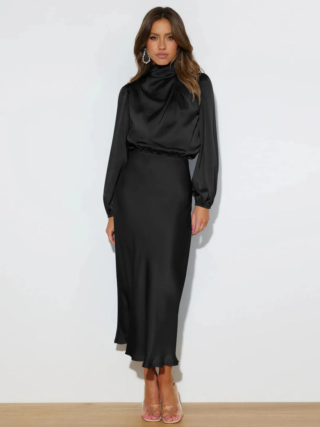 Satin Draped High Neck Long Sleeve Midi Dress for Women